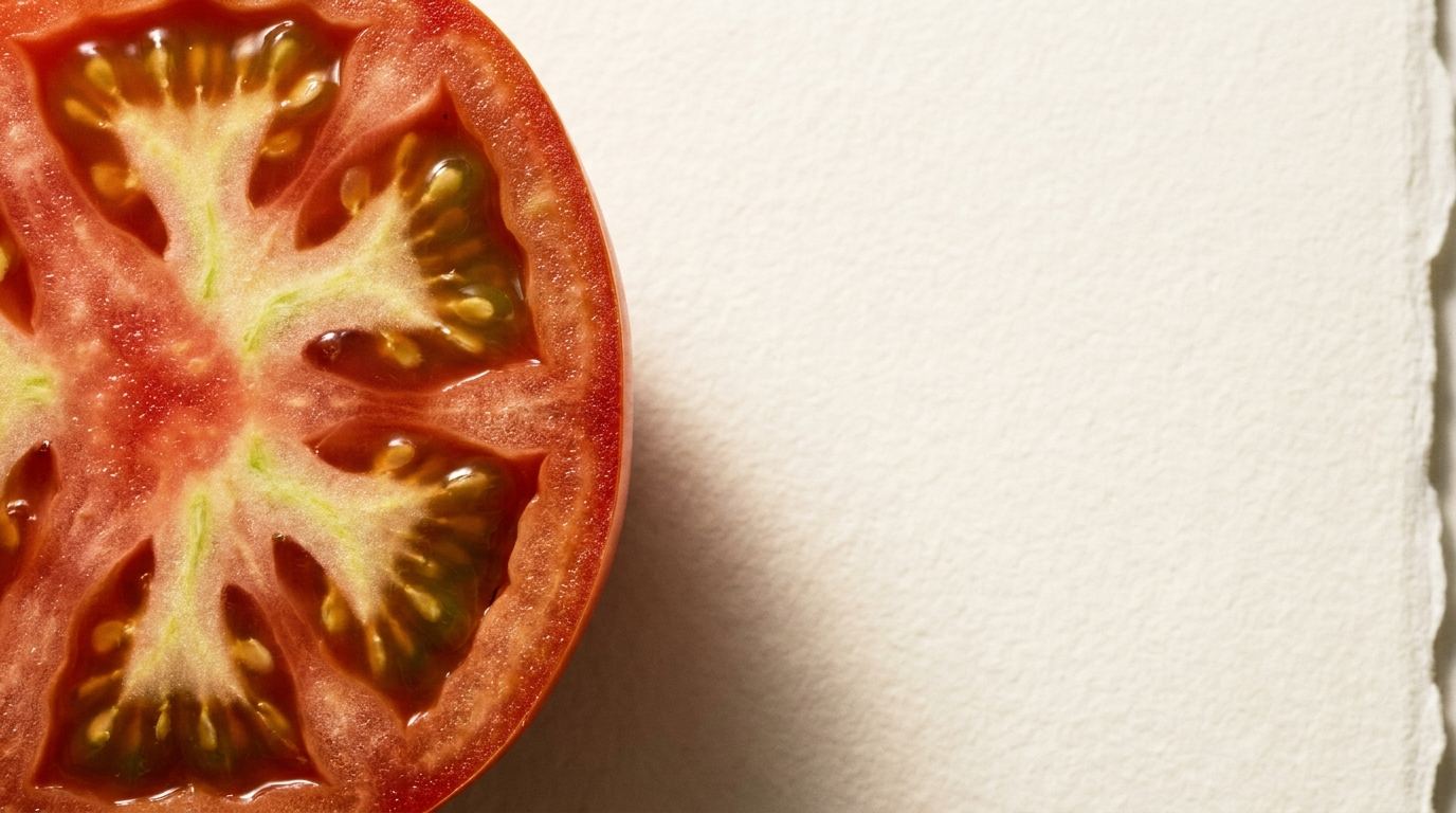 Close-up of a halved tomato showing the red flesh and seed cavities
